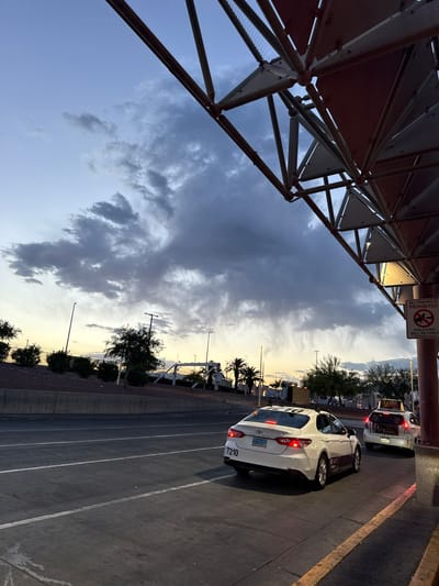 The image shows a view of Paradise, Nevada, United States. A white taxi cab, its brake lights illuminated, is parked on the right side of the frame. A sign prohibiting feeding is visible. Trees and street lights line the road. The sky is partly cloudy with a sunset glow. A section of a metal structure is visible on the left.