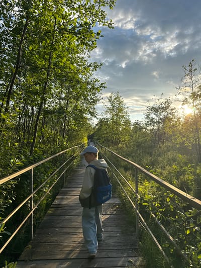 A person, likely a child due to their size and clothing, is walking on a wooden boardwalk through a lush green forest. The person is wearing a light-colored jacket, grey pants, and a light blue baseball cap. A blue backpack is slung over their shoulders. The boardwalk has a metal railing on the right side. The sun is shining through the trees, casting long shadows and creating a dappled light effect on the boardwalk. The sky is partly cloudy with dramatic formations of grey and white clouds. The overall scene suggests a peaceful and scenic walk in nature during the daytime. The trees are tall and leafy, indicating a season of growth, likely late spring or summer. The presence of the boardwalk suggests a maintained trail in a natural area, possibly a park or a nature reserve. The time of day appears to be late afternoon, given the angle of the sun and the length of the shadows. The person's posture is relaxed as they walk along the path. There is no visible text in the image.