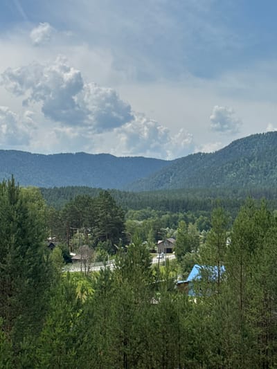 The image captures a wide-angle view of a rural landscape in Ust-Sema, Russia, under a partly cloudy sky. In the foreground, dense pine trees dominate, with their green needles creating a textured barrier. Beyond the trees, a small village is visible, nestled amongst more foliage. Several houses with varied roofing can be seen, including one with a distinct blue roof. A road runs through the village, with a few streetlights present. In the background, layers of forested mountains recede into the distance, with the furthest range appearing as a deep blue silhouette against the sky. The overall scene depicts a tranquil, natural setting with a human settlement integrated within it.