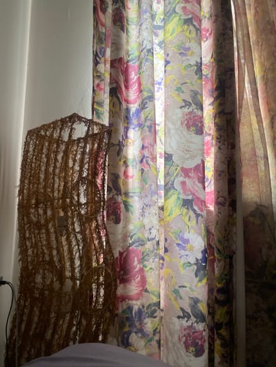 A lamp shade made of woven, dry, brown reeds hangs in front of floral curtains in a room. The curtains are translucent and feature a pattern of large, colorful flowers in shades of pink, purple, yellow, and green, as well as some dark bird figures. A white wall is visible to the left of the lamp shade, and a glimpse of a bed or sofa covered with a purple fabric is in the foreground. The scene appears to be indoors, with light filtering through the curtains, suggesting it is daytime. The specific location of Besh Kungei, Kyrgyzstan, is not visually discernible from the image.