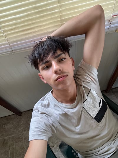The image shows a young man with dark hair and brown eyes, wearing a light-colored t-shirt with a graphic print. He is posing with his arm raised behind his head. The background suggests an indoor or semi-outdoor setting with blinds and wooden beams visible. The lighting is natural, casting soft shadows. The location is identified as Iskra, Bulgaria.