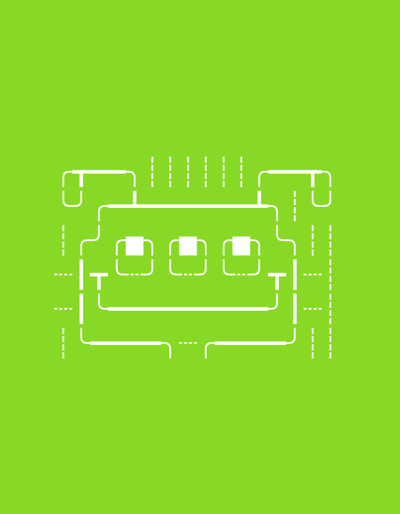The image is a minimalist, abstract graphic of a robot face on a bright green background. The robot face is constructed from white lines and shapes. It features two square "eyes" with rounded corners, positioned side-by-side. Below the eyes is a wide, curved "mouth" shape. The head is outlined with a U-shaped structure on each side, connected by horizontal lines. Dashed lines and small vertical lines suggest an industrial or circuit-board aesthetic. There are no people or identifiable locations in the image. The location of Balakovo, Russia, is irrelevant to the content of the image.