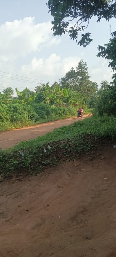 The image depicts a dirt road in Amauzu, Nigeria. Vegetation lines both sides of the road, including banana trees and various green plants. A motorcycle with two people on it is traveling down the road. The sky is partially cloudy, and some trees are visible in the foreground, obscuring part of the view. Trash is visible on the side of the road. Power lines are visible in the sky.