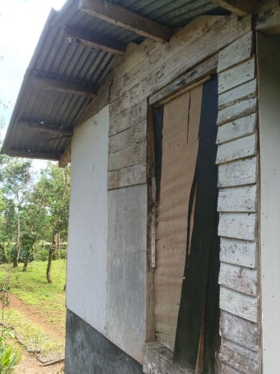 A dilapidated building with a corrugated metal roof is seen from the side. The structure has a mixture of whitewashed, weathered wooden planks and concrete-like walls. A boarded-up door, partially obscured by a dark vertical piece of wood, suggests disuse. The exterior shows signs of age and neglect. Lush greenery and a pathway are visible in the background, hinting at a rural or overgrown setting.