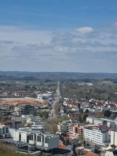 A high-angle, long-distance shot reveals a cityscape in Homburg, Germany, juxtaposed with the natural landscape. Predominantly clear blue sky is visible. A line of trees bisects the image, beyond which lies a densely populated urban area.

Buildings of varying heights and architectural styles are visible, including residential homes with red-tiled roofs, mid-rise apartment complexes, and a prominent, tall, white building with many windows. A construction site, characterized by exposed earth and construction equipment, lies in the foreground, indicating ongoing development. A road runs through the middle, showing moderate traffic with vehicles visible.

The natural environment consists of forested areas and agricultural fields, leading toward a distant horizon.