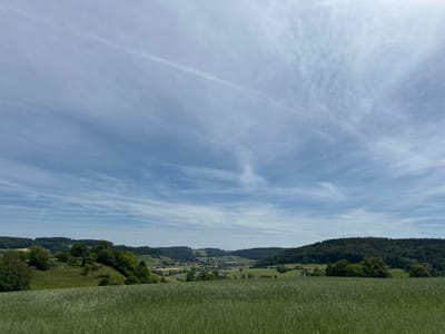 A wide, low-angle shot captures a rural landscape under a cloudy sky. In the foreground, a field of green, unripe grain stretches across the frame. Beyond the grain, rolling green hills are dotted with trees and some buildings. A small village is visible in the middle ground, nestled in a valley between the hills. The background consists of a densely forested hillside. The sky is a pale blue, with wispy white clouds streaking across it. The scene appears to be located in or near Lufingen, Switzerland, based on the characteristic rolling hills and lush vegetation. No people are visible in the image.