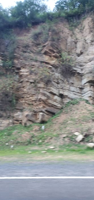 A roadside view features a rocky hillside. Layers of folded rock formations create a zigzag pattern on the slope. Sparse vegetation, including grass and small plants, clings to the earth. A paved road with a white line marking the edge borders the grassy area at the base of the hill. The composition is slightly blurred, adding a sense of motion.