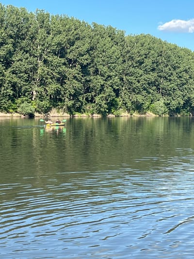 In Vadul lui Vodă, Moldova, a serene river scene unfolds under a clear blue sky dotted with a single white cloud. A dense line of lush green trees forms a natural backdrop along the riverbank. In the foreground, the calm river's surface is disturbed by gentle ripples, reflecting the overhead sky and the verdant trees. Two individuals are actively engaged in kayaking on the water, their bright yellow kayak a contrast against the darker hues of the river. They are paddling in unison, their green paddles slicing through the water as they navigate the waterway. The overall atmosphere is one of peaceful recreation amidst natural beauty.