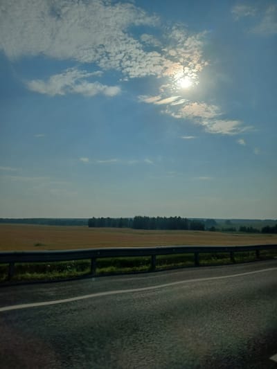 This is a landscape photograph taken from a moving vehicle on a sunny day, likely on the outskirts of Ishteryakovo, Russia. The foreground shows a portion of an asphalt road with a white lane marker. A metal guardrail separates the road from a grassy shoulder and a field. The field, appearing to be a crop of wheat or similar grain, is golden brown and stretches towards a distant line of trees forming a dark green horizon. Above the trees, the sky is a clear blue with scattered white, wispy clouds. The sun is visible in the upper right quadrant of the image, partially obscured by clouds, casting a bright glare. The scene depicts a rural, open landscape typical of the region.