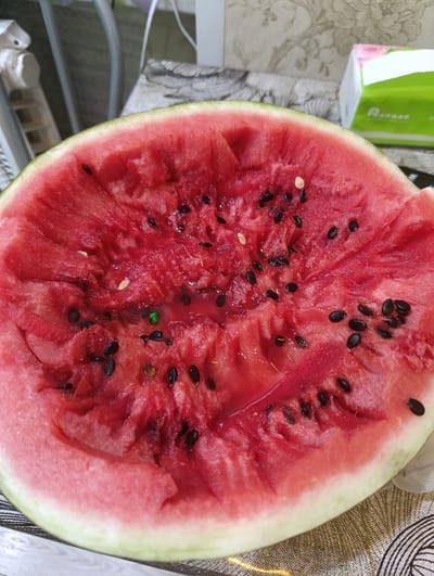 A close-up shot shows a sliced watermelon with its red flesh and black seeds. Some seeds are scattered on the surface, and there is a small amount of juice in the hollowed-out portion of the fruit. In the background, out of focus, is a tissue box with green and white packaging. The watermelon is placed on a table with a patterned tablecloth. The scene appears to be indoors. There is no discernible information about the location in Tugulym, Russia.