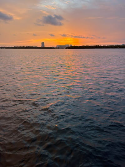 This media file depicts a sunset over a body of water, likely an ocean or large bay, with a city skyline in the distance. The scene is oriented vertically, with the sky occupying the left half of the image and the water the right.
The sky is filled with soft, warm hues of orange, pink, and yellow, indicative of a sunset. Wispy clouds are scattered across the sky, some appearing darker and more defined, while others are lighter and more diffused. A sliver of a dark tree line can be seen separating the sky from the water, with several tall buildings of the city skyline rising above it.
The water exhibits a textured surface with ripples, reflecting the colors of the sunset. The light from the setting sun creates a shimmering golden path across the water, gradually transitioning to darker, more shadowed tones as it moves away from the light source. The overall mood is tranquil and serene, capturing the beauty of a coastal sunset.
The location context provided indicates Miami Beach, United States of America. There is no visible text in the media file. The time of day is clearly sunset. The weather appears calm and clear with scattered clouds.