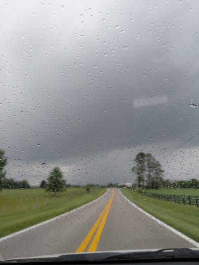 The image depicts a view through a rain-streaked window, likely from inside a vehicle. The primary subjects are the water droplets on the glass, which obscure and distort the scene beyond.

The scene outside appears to be a road curving towards the right, bordered by a grassy field on the left and a fenced area and trees on the right. Yellow double lines mark the center of the road. The weather is overcast and appears to be raining, as indicated by the numerous water droplets. The sky is a uniform gray.

There are no people or distinct objects visible through the rain. The setting suggests a rural or semi-rural area, possibly a highway or country road, given the presence of the road, grass, and trees. The time of day is difficult to ascertain due to the weather conditions, but the lighting suggests it is daytime.

The overall mood conveyed by the image is somber and perhaps a bit melancholic, due to the rain and the obscured view. The location context provided is Shelbyville, United States. No text is visible in the image.