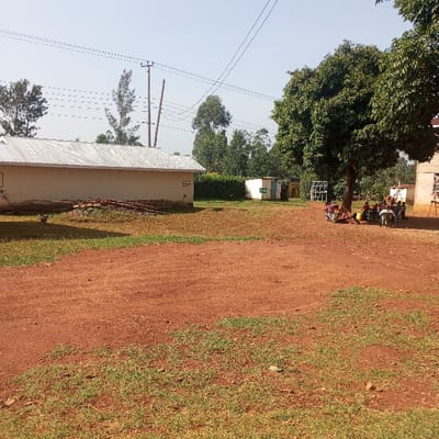The image depicts an outdoor scene in Kisa Central ward, Kenya, under a clear, light blue sky. The ground consists predominantly of reddish-brown soil with interspersed patches of green grass. On the left, a single-story, light-colored building with a corrugated metal roof features a pile of wooden logs or planks at its base and a wall sign partially reading "KISA" with a right-pointing arrow. In the background, two wooden utility poles with multiple power lines traverse the scene, accompanied by distant trees and a line of dense green foliage. A smaller, white rectangular building with a darker colored panel is visible centrally in the mid-ground. On the right, beneath a large tree with abundant green leaves, a group of approximately 8-10 individuals are seated in a semi-circle on low chairs or stools, appearing to be gathered or interacting. A red motorcycle is parked near the tree, and a white metal frame structure is situated behind the seated group. A portion of another building is visible on the far right.