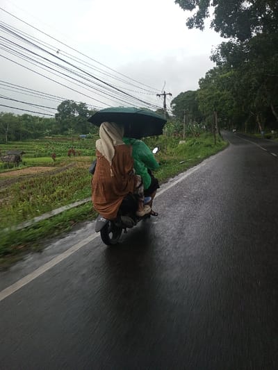 Two individuals are observed riding a dark-colored scooter on a wet, paved asphalt road under an overcast sky in Serpang Shalli, Bhutan. The passenger, seated at the rear, wears a light-colored headscarf and a long, loose-fitting brown garment. The driver, in front, is clad in a green rain poncho. A dark green umbrella is open and held above both individuals, providing shelter. The road exhibits a white edge line on the left and motion blur, indicating forward movement. To the left of the road are terraced agricultural fields containing green crops and small, rustic wooden structures. Overhead, numerous power lines are visible, strung between utility poles. The right side of the road is bordered by dense green vegetation and trees.