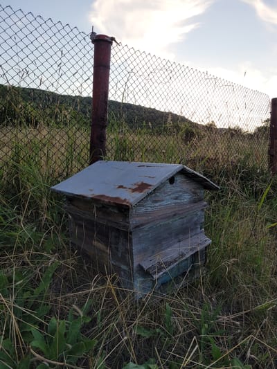 A weathered, blue and gray beehive sits in tall, dry grass beside a chain-link fence. The hive has a rusty, sloped metal roof and a round entrance hole on its side. A rusty red metal post supports the fence. The background shows a grassy hill under a hazy sky with scattered clouds. The scene is set in the village of Gorna Verenitsa, Bulgaria.