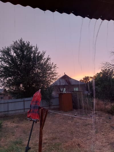 The image depicts an outdoor scene at dusk, likely at a dacha or rural property in Dachi Su, Kyrgyzstan. The sky is a soft gradient of pink and purple, indicating sunset or sunrise. In the background, a building with a peaked roof is visible, partially obscured by trees. A smaller wooden structure stands near the building.
In the foreground, a large tree with dense foliage dominates the left side of the frame. To the right, a red umbrella with a black striped pattern is folded and tied to a metal stand. The ground is covered with dry grass and some patches of green vegetation. A metal fence runs along the middle ground.
On the left side of the image, the edge of a corrugated metal roof is visible, with what appear to be streaks of water or rain falling from its edge. This suggests recent rain or ongoing precipitation. The overall mood is tranquil, with the fading light creating a serene atmosphere. No people are visible in the image, and there is no visible text. The scene captures a quiet moment in a rural setting as daylight transitions to night.