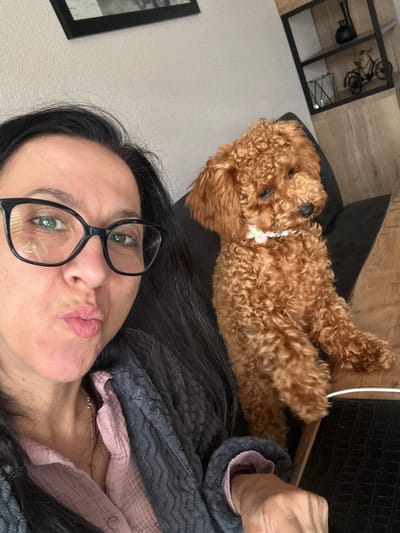 This indoor photograph, captured in Marum, Netherlands, displays an adult female and a small, reddish-brown curly-haired dog. The female, positioned on the left, has dark hair, wears black-framed eyeglasses with reflections on the lenses, a light pink collared shirt, and a dark grey textured robe. She is making a pursed-lip expression, looking directly at the camera. A thin gold-colored necklace is visible around her neck. Her right hand is visible at the lower right, resting on a dark surface. The dog, appearing to be a poodle or similar breed, sits upright to the right of the female, on a dark, possibly upholstered surface, and wears a light-colored collar with a small floral or bow embellishment. The dog's gaze is directed slightly to the right of the frame. The background features a light-colored wall with a partially visible black-framed object in the upper left corner. To the right, a dark-framed wooden shelving unit displays two dark decorative objects on the top shelf and a miniature black bicycle figurine alongside a geometric decorative object on the middle shelf.