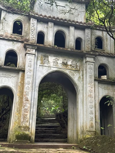 The image depicts a weathered, multi-tiered concrete structure with arched openings, likely an ancient gateway or temple entrance, situated amidst dense foliage. The structure is adorned with carved Chinese characters and decorative motifs. Moss and vines creep over the stone, indicating its age and integration with the natural environment. In the background, a stone staircase ascends into a verdant, overgrown forest. The scene suggests a historical or spiritual site, possibly within a rural or natural landscape, consistent with locations in Tây Hoa Lư Ward, Vietnam, known for its historical and cultural heritage sites. There are no people visible in the image.
