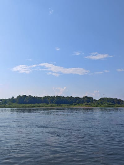 The image depicts a tranquil river scene in Верхнепашино, Russia, under a clear blue sky dotted with sparse white clouds. The foreground is dominated by the rippling surface of a wide, dark blue river, reflecting the sky. The middle ground features a lush green riverbank, densely populated with a variety of trees and vegetation. In the distance, a few buildings are visible on the left side of the bank, peeking through the foliage. On the right side of the bank, a tall, slender structure resembling a radio tower or pylon stands against the sky. The overall atmosphere is serene and natural, indicative of a peaceful day by the river.