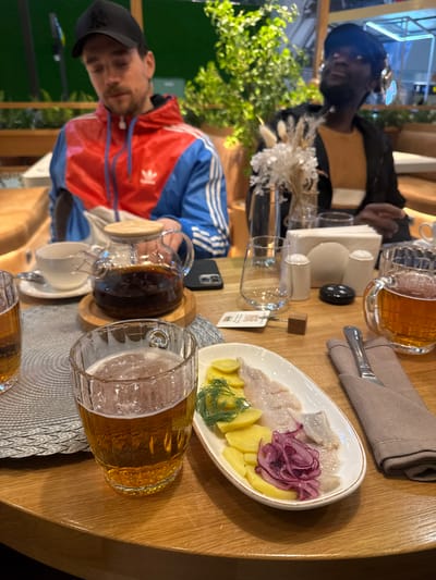 The image captures an indoor dining scene at what appears to be a restaurant or cafe in Ul'yanovka, Russia. Two individuals are seated at a wooden table, engaged in dining and socializing.
In the foreground, a man wearing a distinctive red, blue, and white Adidas track jacket and a black baseball cap is visible on the right side of the table. The Adidas logo (trefoil and three stripes) is clearly visible on his jacket. Across the table and further back, another person is seated, wearing a black top over a light brown or beige striped shirt. Their faces are partially blurred.
The wooden table is laden with various items:
- A white oblong plate holds a dish of sliced herring, boiled potato chunks, pickled red onions, and fresh dill.
- Two large, textured glasses filled with amber liquid, likely beer, one prominently in the foreground with a foamy head.
- A glass teapot containing dark tea, placed on a wooden stand, next to a white teacup and saucer.
- A folded grey cloth napkin with cutlery.
- White paper napkins, salt and pepper shakers, an empty glass, and a small vase with dried white floral arrangements.
- A smartphone is also visible near the teapot.
The setting features warm, ambient lighting. Green foliage, possibly from indoor plants, is visible in the background, adding to the relaxed atmosphere. A small QR code tag is attached to one of the empty glasses on the table.