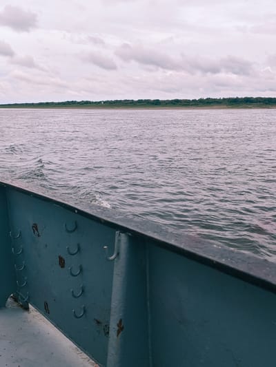 The image is a perspective view from the deck of a boat on a wide river, looking towards a tree-lined shore under an overcast sky. In the foreground, the weathered blue metal railing of the boat is visible, with rust spots and several U-shaped metal fixtures. The river's surface is choppy with small waves, and a white streak of disturbed water indicates the boat's movement. In the distance, a dense band of green trees forms the shoreline, with a hint of a sandy bank visible beneath them. The sky above is filled with grey, scattered clouds. The location is the Yenisei River near Zotino, Russia. There are no people or animals visible in the image.