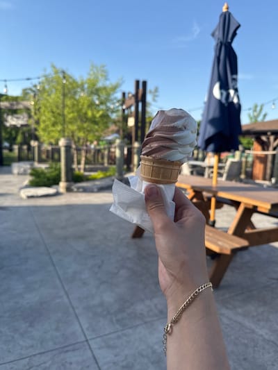 A person is shown holding a soft-serve ice cream cone outdoors in Chelsea, Canada. The cone contains a swirl of vanilla and chocolate ice cream, partially wrapped in a white paper napkin, and is held in the person's right hand. A delicate gold chain bracelet is visible on the wrist.

The setting appears to be an outdoor patio or dining area. In the mid-ground, a folded dark blue or black patio umbrella is prominent. Behind the person and umbrella, wooden picnic-style tables and benches are scattered, suggesting an establishment like a cafe or ice cream shop. Lush green trees and foliage are visible in the background, set against a clear, bright blue sky, indicating a sunny daytime scene. The ground is a light-colored paved or tiled surface. The overall atmosphere suggests a pleasant, warm day ideal for enjoying outdoor refreshments. No visible text is present in the image.