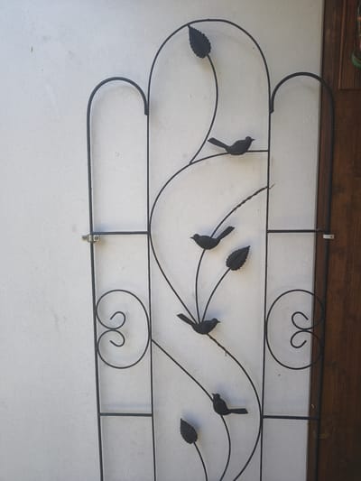 This is a vertical, full shot of a black wrought iron garden gate with a nature-themed design, featuring silhouetted birds and leaves. The gate is attached to a white, textured wall with a visible hinge mechanism and screw. To the right of the gate, a dark brown wooden door is partially visible. The overall scene appears to be an exterior entryway. The image is located in Reisbach, Germany.