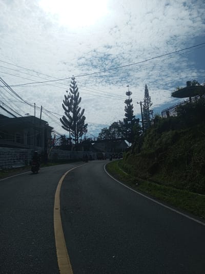 The image depicts a curving asphalt road with a solid yellow line marking the center. On the left side of the road is a building with a gray facade and multiple windows, along with utility poles carrying electrical wires. A motorcycle is traveling along the road. In the distance, more vehicles are visible.
On the right side of the road, a green hillside rises. Above the hillside, fencing, trees, and a gazebo-like structure with a canopy are visible. Two tall, distinctively shaped trees stand out against the partly cloudy sky.
The location is possibly Khe Luang, Laos, based on context, but without specific landmarks, confirmation is difficult.