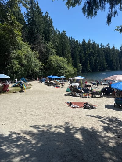 This image depicts a sunny day at a sandy beach area adjacent to a lake, likely in Port Moody, Canada. A forest of tall evergreen trees lines the background, meeting the clear blue sky. The beach is populated with many people enjoying various recreational activities.
Several beach tents and umbrellas are set up, providing shade for groups of people. Individuals are scattered across the sand, some sitting in chairs, others on blankets. There are various beach accessories visible, including coolers, bags, towels, and chairs. In the distance, on the lake, two canoes or kayaks can be seen with people paddling.
In the foreground, a person is walking away from the camera, carrying a yellow flotation device and a backpack. The sand shows signs of foot traffic and possibly some tire tracks from beach carts. The overall atmosphere is one of leisure and outdoor recreation on a warm day.