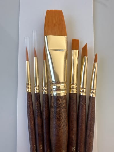 This is a top-down, eye-level, medium shot photograph of a set of paintbrushes. The paintbrushes are arranged vertically, with the largest brush on the left and progressively smaller brushes to the right. The brushes have orange bristles and gold ferrules, with dark wooden handles. The handles are partially visible at the bottom of the frame. Some of the smaller brushes are protected by clear plastic caps. The paintbrushes are resting on a white surface, which appears to be paper. The background is a light gray. The image does not contain any information that places it in the city of Pistula, Montenegro.