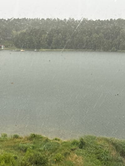 The media file depicts a slightly blurry, overcast scene of a body of water, possibly a lake or river, with vegetation lining the right bank. The water's surface is disturbed by falling rain, indicated by numerous streaks across the image. On the left side, a dense line of trees forms a dark green border. The right bank is covered in lush green foliage, with some areas appearing drier and lighter in color.
The image suggests a natural setting, likely outdoors. The presence of rain indicates inclement weather, and the overcast sky implies it is daytime, though specific time is not discernible. There are no people or prominent objects visible in the main portion of the scene. However, along the edge of the water, near the trees on the left, a few small, dark shapes might represent boats or structures, but they are too indistinct to be certain. The overall mood is subdued, likely due to the rain and overcast conditions.
No text is visible in the image. The context provided places this scene in Mikołajki, Poland, suggesting it could be a view of one of the many lakes in the Masurian region.