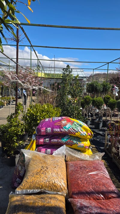 The image shows the interior of a garden center, likely located in or near Usoika, Bulgaria, as the inscription "ГРАДИНСКИ" (Gardening in Bulgarian) is visible. Bags of soil or mulch are stacked prominently in the foreground, with labels like "VERDE PULITO" and "DECORAL" visible. The bags come in different colors such as red, yellow, brown, and purple. Plants, including shrubs and trees in pots, are visible in the background. Structural elements of what appears to be a greenhouse or covered area are also present, with metal beams framing a view of the blue sky and some clouds.