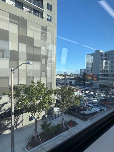 The image displays an urban scene in Hialeah, United States of America, captured from an elevated perspective through a glass window, indicated by prominent reflections. On the left, a tall, multi-story concrete building with upper-level balconies featuring black railings dominates the foreground. Its lower and middle sections are partially enveloped by a light-colored, square-patterned screening material, creating a textured facade. A grey street light on a utility pole is centrally positioned on the left side, extending upwards. Below this, a paved sidewalk area incorporates a landscaped strip containing two young, staked trees and smaller vegetation, along with a visible red fire hydrant.

To the right of the primary building, a large outdoor parking lot is densely filled with various automobiles, including sedans, SUVs, and trucks. Beyond the parking area, another multi-story building, lighter in color with numerous windows and balconies, is present. A vibrant mural, depicting a stylized woman in sunglasses against a tropical sunset with palm trees, adorns a structure behind the parking lot. The background extends to reveal additional urban architecture under a clear, bright blue sky with no discernible clouds. The entire scene is illuminated by direct sunlight, creating distinct shadows on the ground and buildings.