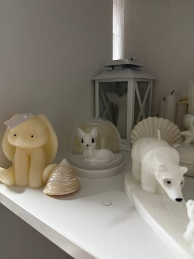 The image depicts an indoor scene in the city of Vniissok, Russia, showcasing a collection of decorative objects, primarily candles, arranged on a white shelf against a plain, light-colored wall. The setting is illuminated by soft, diffuse lighting.
On the left side of the white shelf, a cream-colored candle shaped like a sitting rabbit or bunny is present. This candle features small black eyes and a small, white rectangular tag attached to its head with a thin string. To its immediate right, a small, light-toned conical seashell with iridescent markings rests on the shelf. Adjacent and slightly behind, a clear glass dome encloses a white figurine of a sitting deer, detailed with small black eyes and lashes, which stands on a textured white base resembling snow.
In the mid-ground, a white decorative lantern with a pointed, tiered roof and white cross-patterned window frames is positioned. A soft light source is visible inside or behind the lantern, casting a faint glow. Inside the lantern, a light-colored object, possibly a candle sculpted as a whale tail, is discernible. To the right of the lantern, a cluster of several plain white pillar candles of varying heights is arranged; one appears partially consumed with a darkened wick.
In the right foreground, a white candle sculpted as a standing polar bear is visible, featuring small black eyes and a black nose, resting on a flat white base. A second, smaller white shape, possibly a polar bear cub or another decorative element, is partially visible in the far right foreground, also on a white base. Behind the prominent polar bear, a large, light-colored, fan-shaped object, resembling a shell, stands upright.
The white shelf surface exhibits several small, faint circular indentations. The background wall is uniformly light-colored, possibly off-white, and shows a subtle vertical texture, particularly in the upper right section of the frame.