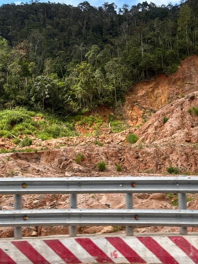 This is a landscape photograph taken in Nam Khanh Vinh, Vietnam. The image depicts a steep, eroded hillside covered in dense forest at the top and exposed reddish-brown soil and rocks further down. Green vegetation, including grass and bushes, is growing sporadically on the lower slopes. In the foreground, a metal guardrail runs horizontally across the frame, with a concrete barrier painted with diagonal red and white stripes below it. The sky is visible at the very top of the image, appearing cloudy and light blue. There are no people or animals visible in the scene.