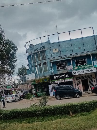 The image presents a street scene in Nanyuki, Kenya, under a heavily overcast sky. A prominent multi-story commercial building, painted light blue, occupies the midground. This structure features a curved corner section with the word "HOUSE" inscribed on its facade. Above the building, a metal framework is visible, possibly supporting advertisements or communication equipment. Below, various businesses are housed, including "ECORIS," "Safaricom," "Infinix," and "NANYUKI CHEMIST," with "PAMINIERS HOMES ESTATE AGENCY" signage positioned above the chemist.

A paved road runs horizontally across the foreground and midground. On the left side of the road, a white sedan is parked. Further right, a dark-colored compact MPV is either parked or in motion, with a section of another dark vehicle visible behind it. On the far left of the road, one individual, dressed in light clothing, stands facing away from the camera, on what appears to be a sidewalk or shoulder. The immediate foreground consists of a low, manicured hedge of green bushes, separating the vantage point from the road. Trees are present on the far left of the frame and in the background.