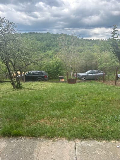 The scene depicts a rural or semi-rural landscape in Berende, Bulgaria. Two vehicles, a dark SUV and a light-colored SUV, are parked behind a wire fence. The area is dominated by lush green vegetation, including trees and grass. A wooded hill is in the background, and the sky is overcast. A concrete sidewalk or path is visible on the right.