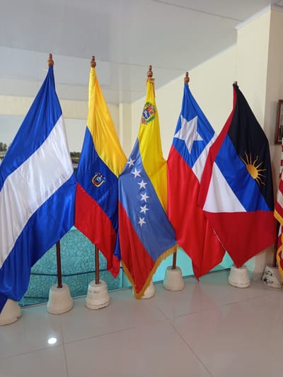The image displays a row of six flags standing upright on wooden poles with concrete bases. The flags are positioned indoors, with a plain off-white wall and ceiling visible in the background. The floor is tiled with a light-colored material, and a single circular light fixture is illuminated on the floor.
From left to right, the flags appear to be:
1. A flag with horizontal stripes of blue, white, and blue, with a prominent white diagonal stripe. The emblem on the flag is not clearly visible.
2. A flag with horizontal stripes of yellow, blue, and red. The blue stripe features a central emblem that includes an eagle.
3. A yellow flag with a central emblem depicting a coat of arms.
4. A flag with horizontal stripes of red, white, and red. A blue canton in the upper left corner contains a white star.
5. A flag with a blue upper section containing a yellow sun with rays, and a lower section divided diagonally into white and red.
6. A flag with a red and white striped pattern, with a yellow fringe along the bottom.
The flags are arranged in a slightly overlapping manner, with their bases close together. The lighting suggests an indoor environment, possibly a public building or exhibition space. There are no people visible in the image. The overall scene is orderly and the flags appear to be well-maintained. The location is identified as Coveñas, Colombia.