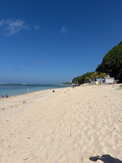 The image shows a beach scene in Kutuh, Indonesia. The beach is sandy with a high angle view showing the beach from top to bottom. There are people on the beach and in the water. There is a shadow of a person in the top right corner, implying the photographer is standing to the right. The sky is blue with some clouds. A green cliff is to the left, which appears to have a building.
