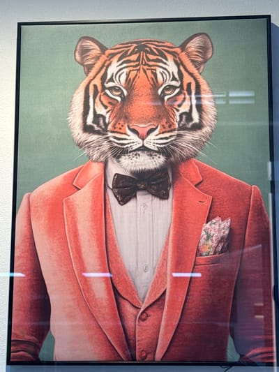 This media file is a close-up, vertical photograph of a framed artwork. The artwork depicts a stylized, anthropomorphic tiger wearing a formal outfit. The tiger's head and upper chest are prominently featured, facing the viewer. It has orange and black striped fur, white whiskers, and realistic eyes. The tiger is dressed in a white dress shirt, a dark, patterned bow tie, and a rust-colored velvet suit jacket. A floral pocket square peeks out from the jacket's breast pocket. The background of the artwork is a muted, greenish-blue color. The photograph captures reflections on the glass of the frame, including vertical streaks of light, indicating an indoor setting with artificial lighting or natural light sources from a distance. The image is framed by a thin black border. The photograph itself is taken in Adeje, Spain, and shows a portion of a white textured wall to the left of the artwork. There is no text visible in the artwork or the surrounding environment. The artwork appears to be a painting or a high-quality print.