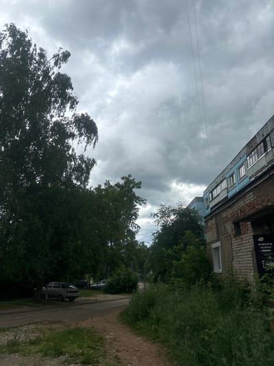 The image depicts a view of an apartment building in the city of Kirov, Russia, under a cloudy sky. The building, with its brick lower section and blue-paneled upper floors, is partially obscured by lush green foliage and trees. In the foreground, a dirt path winds through overgrown grass. Several parked cars, including a silver hatchback, are visible near the trees. The overall scene suggests a residential area with a slightly unkempt, natural setting.