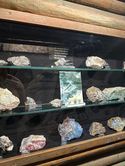 The image displays a museum exhibit featuring various mineral specimens in a glass case. The exhibit is labeled "DIE FUNDORTE UNSERER HEIMAT GABEN DIESEN SELTENEN MINERALIEN IHRE INTERNATIONAL GELTIGEN NAMEN". The display is organized on multiple shelves, with each mineral specimen resting on a small clear stand with a label. Some of the labels include names such as "GED. KUPFER" and "FLUORIT". The background of the display case is black, and the lighting highlights the textures and colors of the minerals. Wooden beams frame the top of the display. The location is specified as Schonach im Schwarzwald, Germany, indicating this is likely a local museum or exhibition.