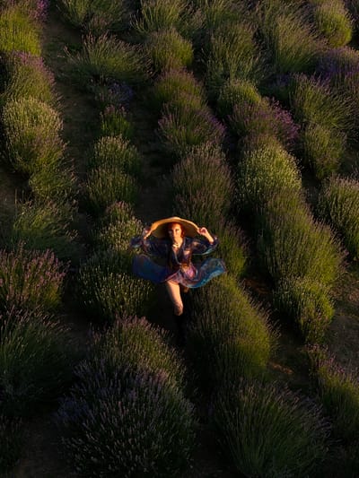 An aerial, medium shot captures a person with auburn hair, wearing a wide-brimmed straw hat, a flowing blue and purple patterned robe, and light-colored pants, standing in a field of lavender. The person is positioned in the center of the frame, looking down and to their left. Their hands are near their hat, and their body is angled slightly. The lavender plants are arranged in neat rows, with some appearing more bushy and green, while others show hints of purple blooms. The ground between the rows is dark and appears to be soil. The lighting suggests it is late afternoon or early evening, with shadows cast across the field, highlighting the textures of the plants. This scene is located in Verkhneye Uchdere, Russia, a resort town on the Black Sea coast known for its natural beauty and agricultural landscapes, including fields of lavender.