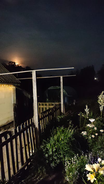 The image depicts a nighttime scene in a backyard, likely in Zhytomyr, Ukraine, given the context. A rustic wooden fence runs diagonally across the foreground, separating the viewer from a garden area. In the garden, various plants are visible, including tall green grass, small white flowers, and larger white lily-like flowers in the lower right corner. A small white sign, possibly a garden marker, is partially visible among the flowers.
To the left, a portion of a building, possibly a house or shed, is illuminated by string lights. Its exterior appears to be light-colored. Beyond the fence and building, a dark, arched structure, possibly a greenhouse, is faintly visible.
The sky above is dark and cloudy, with a subtle orange glow indicating the moon or a distant light source, possibly the moon obscured by clouds, in the upper left quadrant. The overall ambiance is quiet and serene, characteristic of a rural or suburban backyard at night. There are no people or animals visible in the frame.