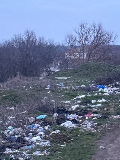 The image depicts a heavily littered outdoor area identified as Sini Vir, Bulgaria, under an overcast sky. The foreground and midground are dominated by a field of sparse green grass and bare soil, extensively covered with various forms of refuse. Visible objects include numerous white, blue, pink, and black plastic bags, plastic bottles, discarded clothing fragments, and other indeterminate debris scattered across the ground. Small, bare deciduous bushes and saplings are interspersed throughout the cluttered landscape. To the right, a narrow dirt path is partially visible. In the midground, a small, grassy mound rises. The background features a dense line of bare deciduous trees and brush. Beyond the vegetation, several light-colored buildings, possibly residential, are partially discernible. One building exhibits a solitary, illuminated window or light source. No individuals or active subjects are present, and no actions or interactions are depicted within the scene. The overall lighting suggests either early morning or late afternoon conditions.