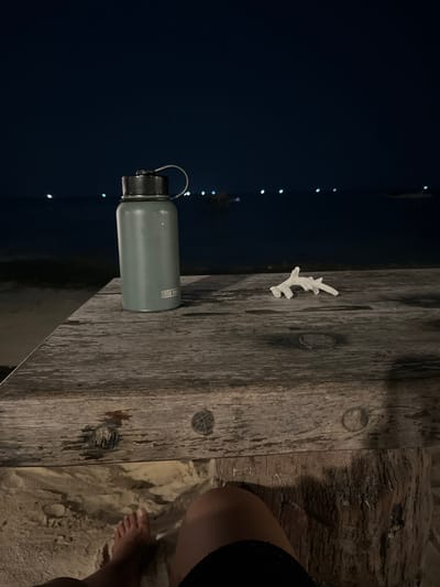 The image captures a scene at night, likely near a body of water given the dark, reflective surface on the left. A weathered wooden surface, possibly a pier or boardwalk, occupies the right side of the frame. On this wooden surface rests a light-colored piece of coral. Also on the wood is a green water bottle with a black lid and a silver handle. The bottle has "600 ml" printed on it. To the far right of the image, a person's bare foot and lower leg are visible, suggesting they are standing or sitting on a sandy surface adjacent to the wooden structure. The overall lighting suggests it is nighttime, with small, possibly artificial lights visible in the dark water. The setting appears to be a tranquil, possibly tropical, environment.