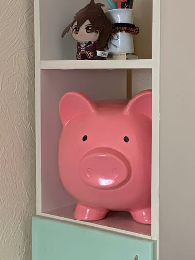 The image shows a pink piggy bank and a plush toy on a shelf. The shelf is part of a white shelving unit. The wall to the left of the shelving unit has a textured surface. The piggy bank is a classic pig shape with a snout and ears. The plush toy is a character with brown hair and is wearing a dark outfit. There are also some pens or pencils in a white container behind the plush toy. The image appears to be taken indoors. The city of Yurlovo, Russia is not depicted in this image, and no location details are visible.