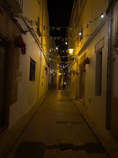 The image captures a narrow, dimly lit street in Jávea/xàbia, Spain, at night. The street is paved and wet, reflecting the light from overhead string lights and a traditional streetlamp. Buildings with yellow-toned walls line both sides of the street, featuring windows with dark gratings and various decorative elements like hanging baskets with red flowers and greenery. Wires and cables are strung across the street, along with strings of festive lights adorned with faux grapes and leaves. In the distance, a few individuals are visible walking down the street, their figures indistinct in the low light. The overall atmosphere is quiet and atmospheric, characteristic of a Mediterranean town at night.