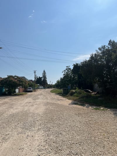 The image depicts a dusty, gravel road in the village of Golubitskaya, Russia, under a clear blue sky. On the left side of the road, a white SUV is parked near a fenced property with a house and a flowering tree. Further down the road, utility poles and wires stretch across the scene. On the right, dense foliage and trees line the road, with a green trash bin and some piled debris visible. The road itself is uneven, suggesting it may be a rural or less developed area. The overall impression is one of a quiet, sunny day in a small Russian village.