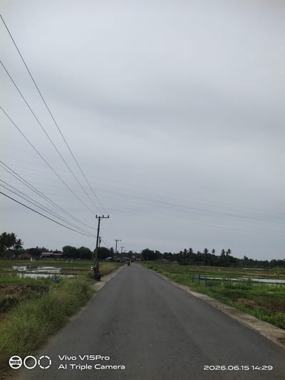A photograph taken from a ground-level perspective on a paved road in Cotpuuk, Indonesia, shows a gray, overcast sky dominating the upper portion of the frame. A series of dark power lines stretch diagonally across the sky from the left to the right. The road itself appears to be a rural route, with green vegetation and cultivated fields lining both sides. On the left, rice paddies with water-filled sections are visible, bordered by tall grasses. On the right, the fields are also green and lush. Coconut trees and other foliage are scattered throughout the landscape, suggesting a tropical environment. Several utility poles with insulators are positioned along the road. A motorcycle is parked on the left side of the road, near a utility pole. In the distance, more utility poles and a few buildings are discernible amongst the trees. The image has a watermark in the bottom left corner that reads "WIDE" and "Vivo V15Pro AI Triple Camera," and a date and time stamp in the bottom right corner: "2026.06.15 14:29."